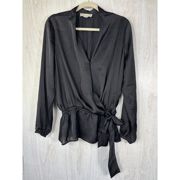 Michael Kors Black Satin Tie Neck Blouse Size 12 Long Sleeve Career Chic - Picture 2 of 7